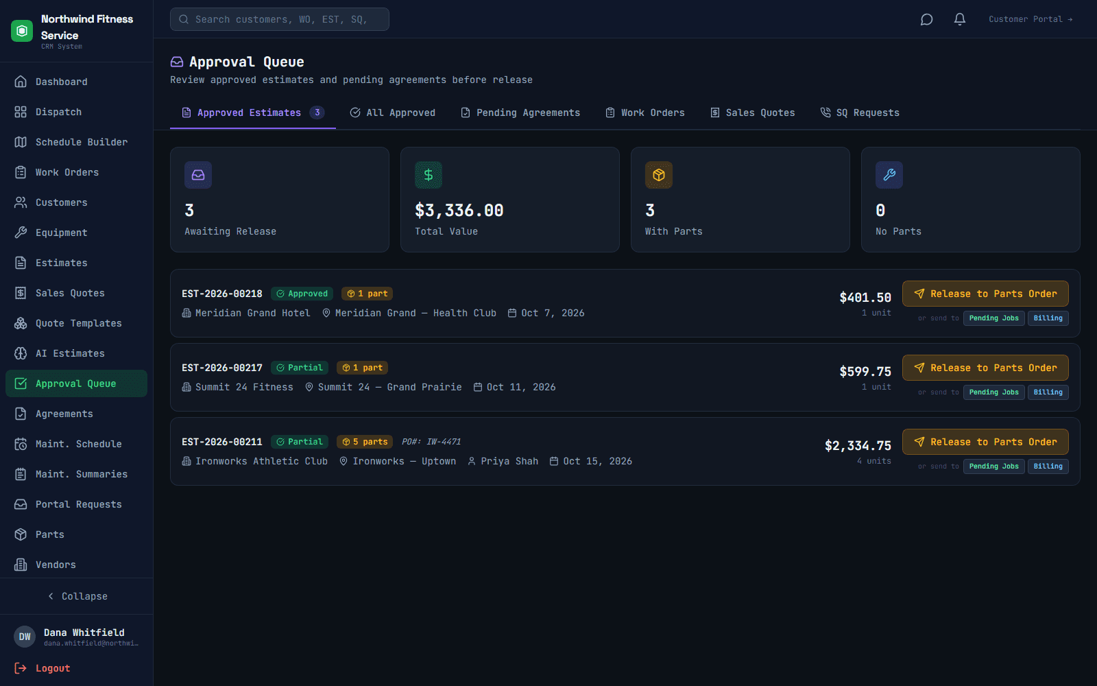 Approval queue showing a partially approved estimate ready to release to parts ordering