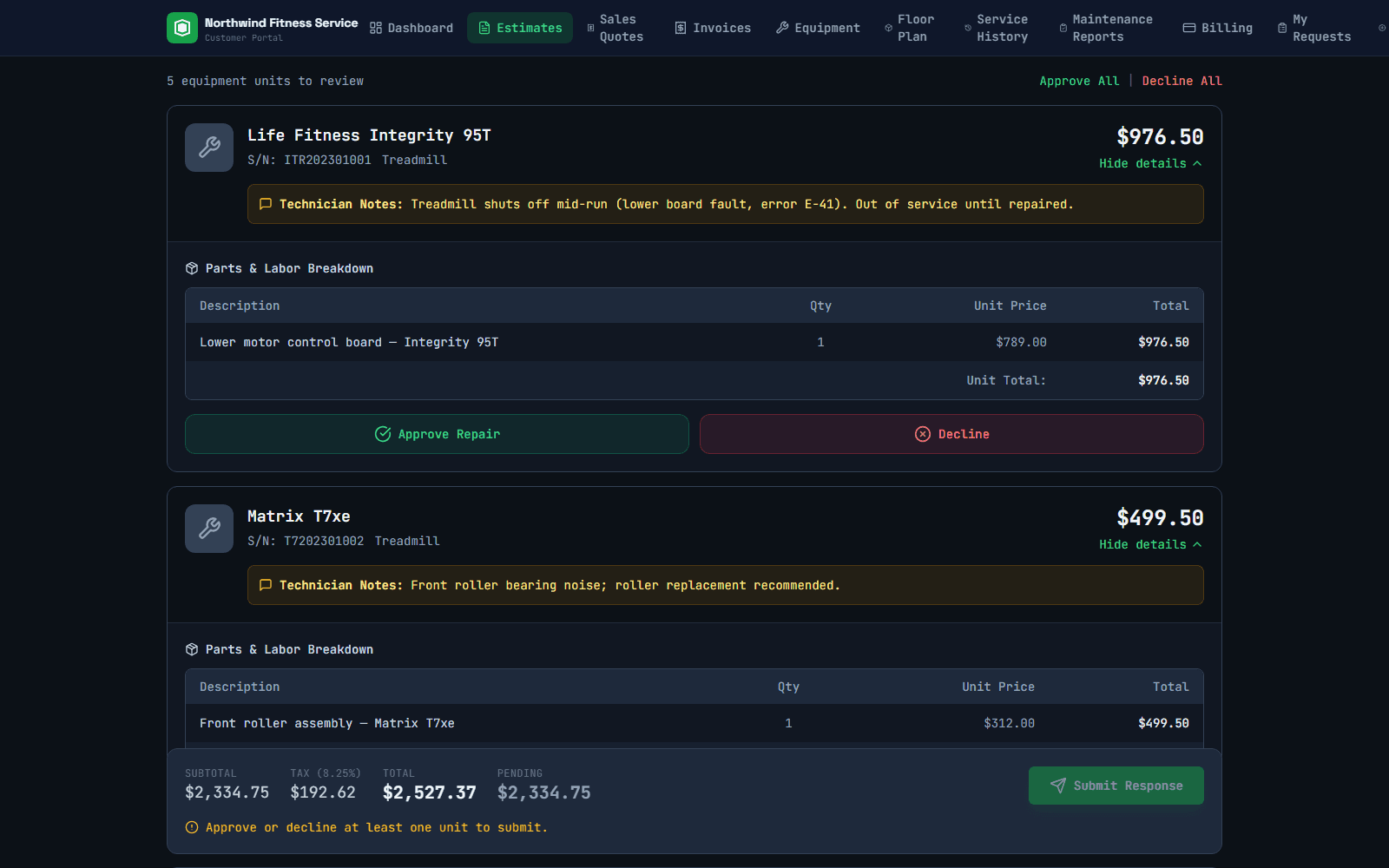 Customer portal estimate with an Approve and Decline button for each machine