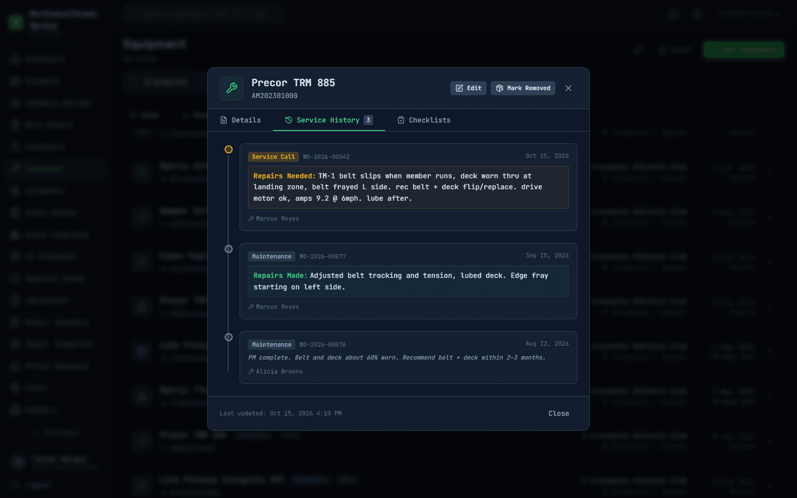 One treadmill's service history
