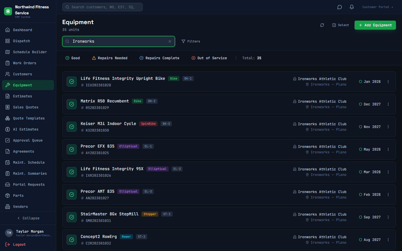 Equipment list showing machines by make, model, serial, position and status