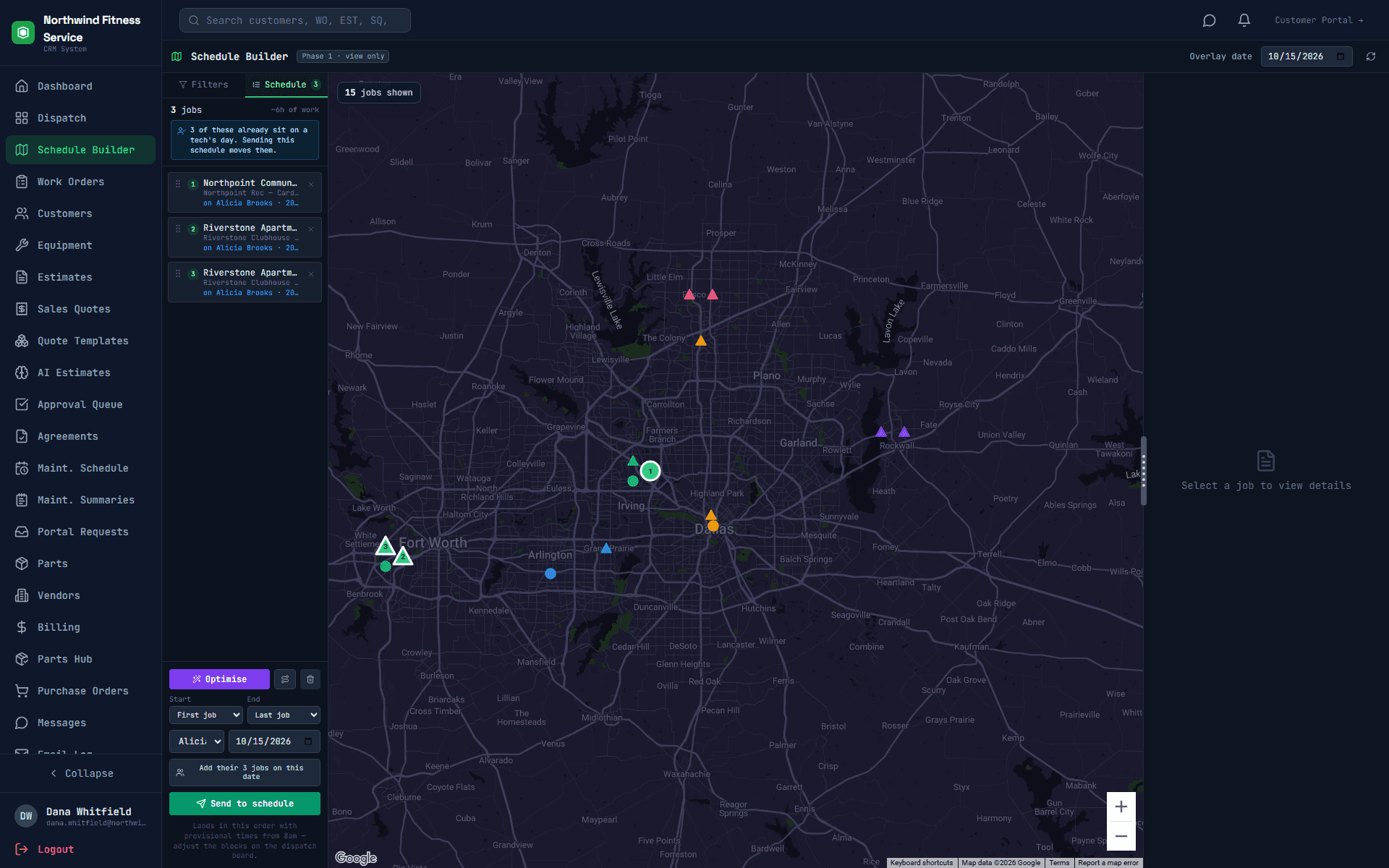 Schedule Builder map with every unscheduled job
